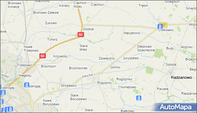 mapa Dźwierzno gmina Radzanowo, Dźwierzno gmina Radzanowo na mapie Targeo