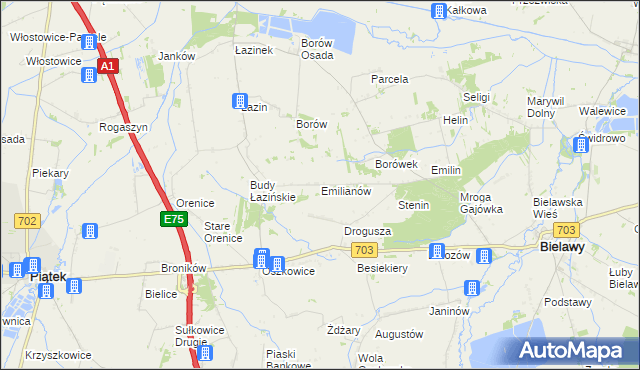 mapa Emilianów gmina Bielawy, Emilianów gmina Bielawy na mapie Targeo