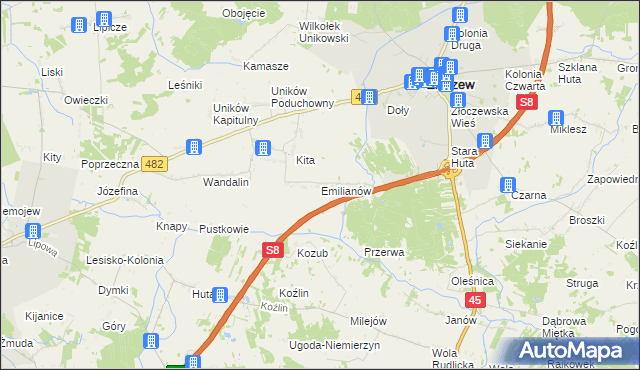 mapa Emilianów gmina Złoczew, Emilianów gmina Złoczew na mapie Targeo