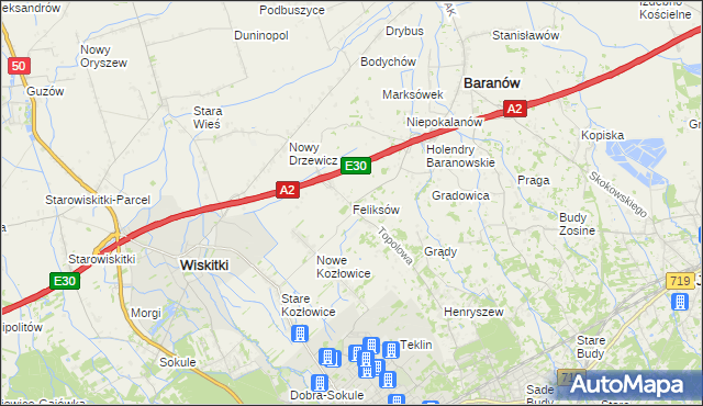 mapa Feliksów gmina Wiskitki, Feliksów gmina Wiskitki na mapie Targeo