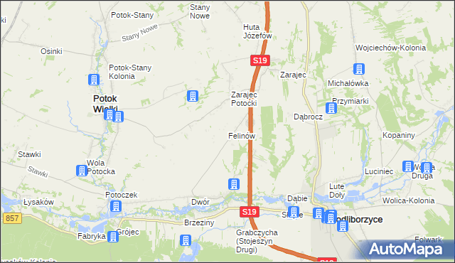 mapa Felinów gmina Modliborzyce, Felinów gmina Modliborzyce na mapie Targeo