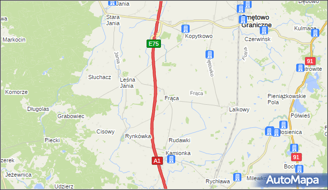 mapa Frąca gmina Smętowo Graniczne, Frąca gmina Smętowo Graniczne na mapie Targeo