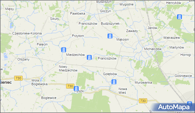 mapa Franciszków gmina Jasieniec, Franciszków gmina Jasieniec na mapie Targeo