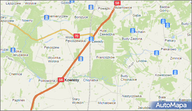 mapa Franciszków gmina Kowiesy, Franciszków gmina Kowiesy na mapie Targeo