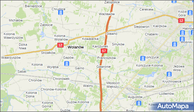 mapa Franciszków gmina Wolanów, Franciszków gmina Wolanów na mapie Targeo