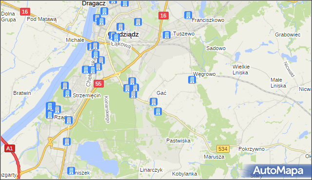 mapa Gać gmina Grudziądz, Gać gmina Grudziądz na mapie Targeo