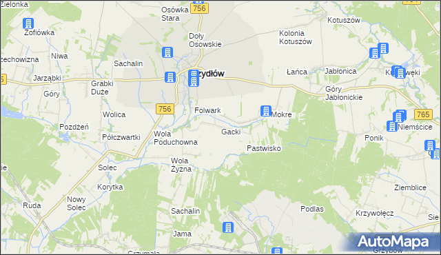 mapa Gacki gmina Szydłów, Gacki gmina Szydłów na mapie Targeo