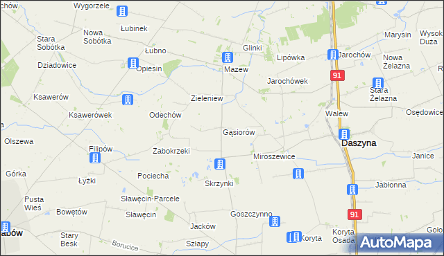 mapa Gąsiorów gmina Daszyna, Gąsiorów gmina Daszyna na mapie Targeo