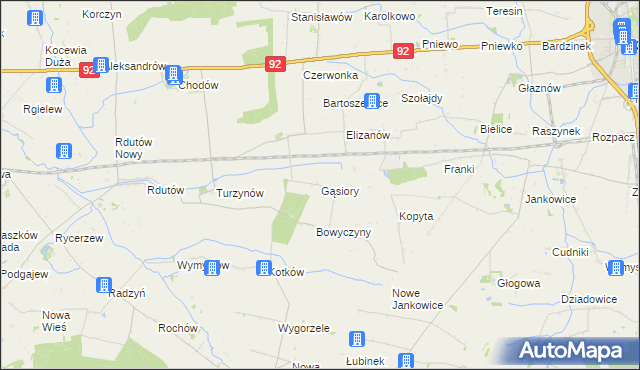 mapa Gąsiory gmina Chodów, Gąsiory gmina Chodów na mapie Targeo