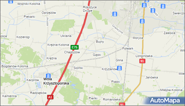 mapa Gąski gmina Wola Krzysztoporska, Gąski gmina Wola Krzysztoporska na mapie Targeo