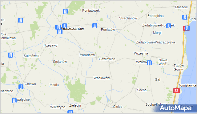 mapa Gawłowice gmina Goszczanów, Gawłowice gmina Goszczanów na mapie Targeo