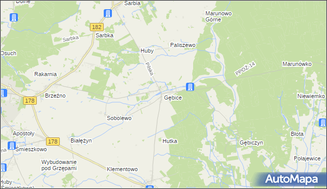 mapa Gębice gmina Czarnków, Gębice gmina Czarnków na mapie Targeo
