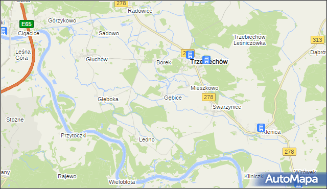 mapa Gębice gmina Trzebiechów, Gębice gmina Trzebiechów na mapie Targeo