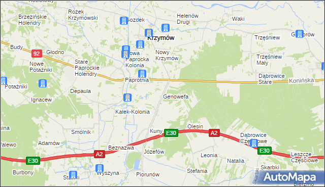 mapa Genowefa gmina Krzymów, Genowefa gmina Krzymów na mapie Targeo