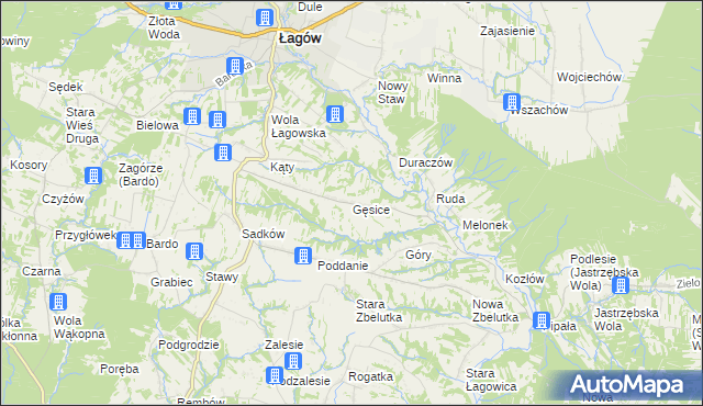 mapa Gęsice gmina Łagów, Gęsice gmina Łagów na mapie Targeo