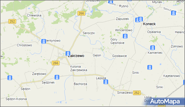 mapa Gęsin gmina Zakrzewo, Gęsin gmina Zakrzewo na mapie Targeo