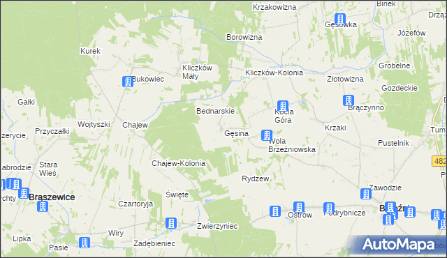 mapa Gęsina gmina Brzeźnio, Gęsina gmina Brzeźnio na mapie Targeo