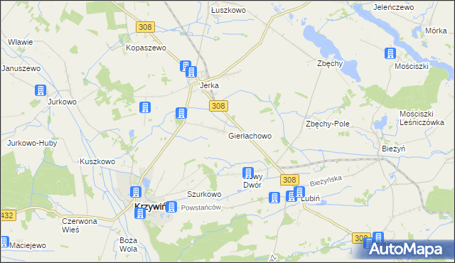 mapa Gierłachowo gmina Krzywiń, Gierłachowo gmina Krzywiń na mapie Targeo