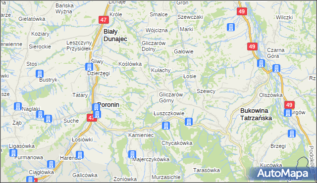 mapa Gliczarów Górny, Gliczarów Górny na mapie Targeo