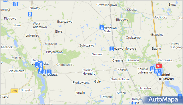 mapa Gocław gmina Lubień Kujawski, Gocław gmina Lubień Kujawski na mapie Targeo