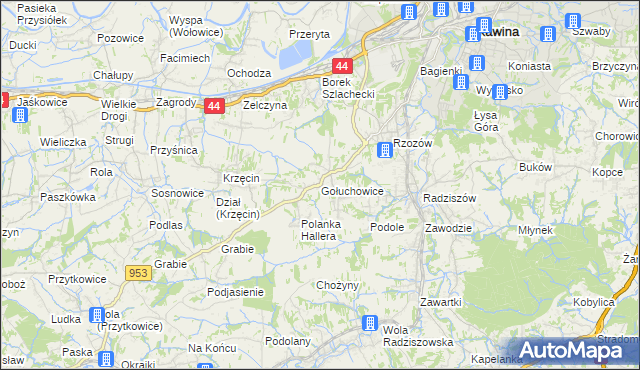 mapa Gołuchowice gmina Skawina, Gołuchowice gmina Skawina na mapie Targeo