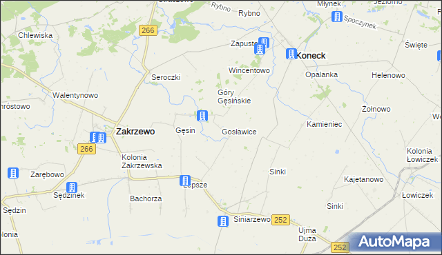 mapa Gosławice gmina Zakrzewo, Gosławice gmina Zakrzewo na mapie Targeo