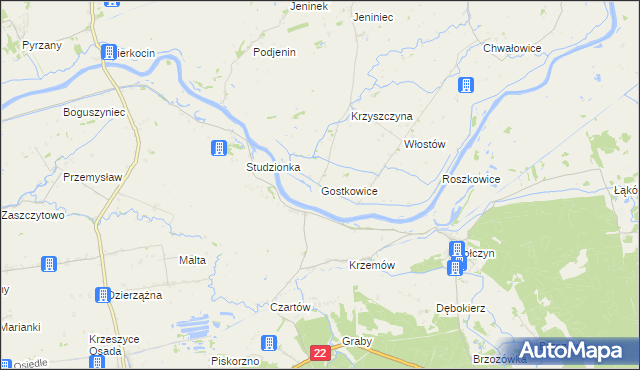 mapa Gostkowice gmina Bogdaniec, Gostkowice gmina Bogdaniec na mapie Targeo