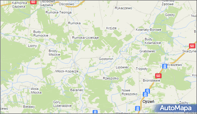 mapa Gostomin gmina Ojrzeń, Gostomin gmina Ojrzeń na mapie Targeo