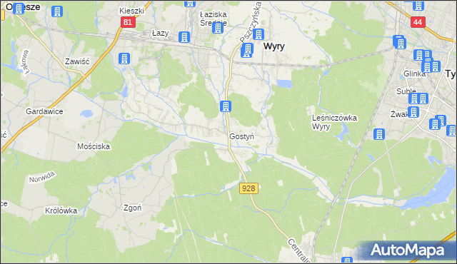 mapa Gostyń gmina Wyry, Gostyń gmina Wyry na mapie Targeo