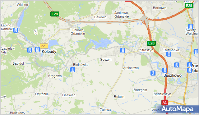 mapa Goszyn gmina Pruszcz Gdański, Goszyn gmina Pruszcz Gdański na mapie Targeo