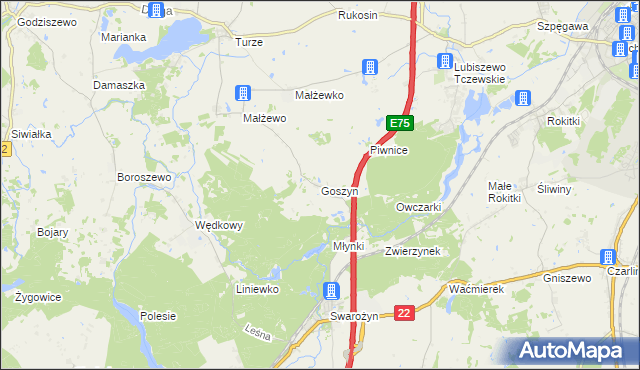 mapa Goszyn gmina Tczew, Goszyn gmina Tczew na mapie Targeo