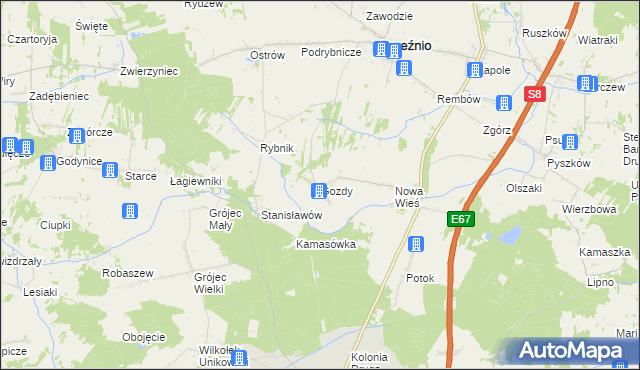 mapa Gozdy gmina Brzeźnio, Gozdy gmina Brzeźnio na mapie Targeo