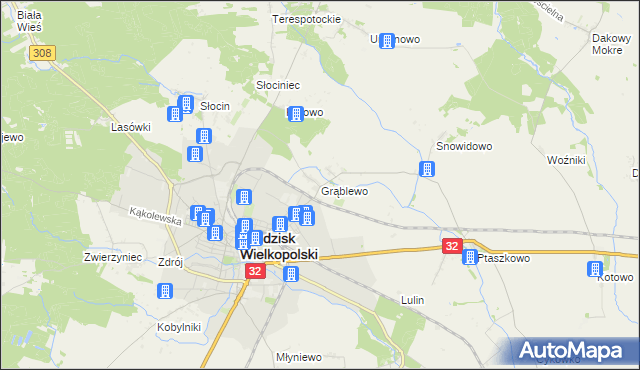 mapa Grąblewo gmina Grodzisk Wielkopolski, Grąblewo gmina Grodzisk Wielkopolski na mapie Targeo