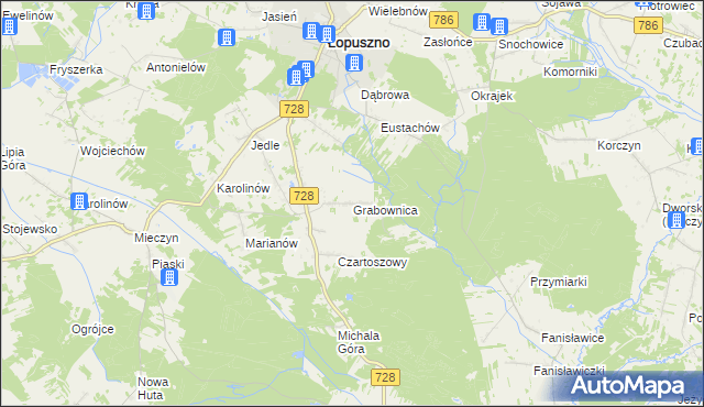 mapa Grabownica gmina Łopuszno, Grabownica gmina Łopuszno na mapie Targeo