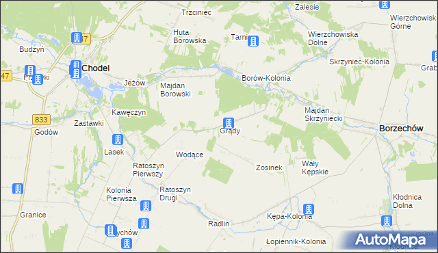 mapa Grądy gmina Chodel, Grądy gmina Chodel na mapie Targeo