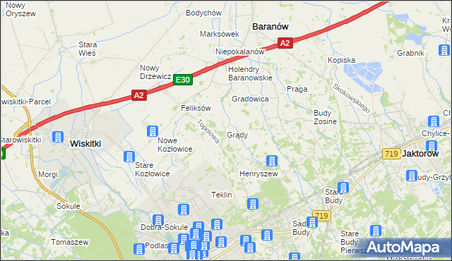 mapa Grądy gmina Jaktorów, Grądy gmina Jaktorów na mapie Targeo