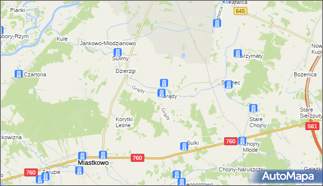 mapa Grądy gmina Nowogród, Grądy gmina Nowogród na mapie Targeo