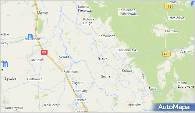 mapa Grądy gmina Sieradz, Grądy gmina Sieradz na mapie Targeo