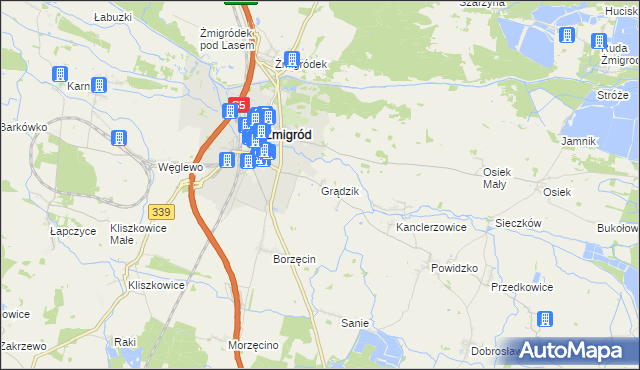 mapa Grądzik gmina Żmigród, Grądzik gmina Żmigród na mapie Targeo