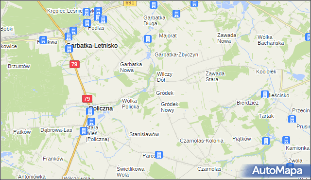 mapa Gródek gmina Policzna, Gródek gmina Policzna na mapie Targeo