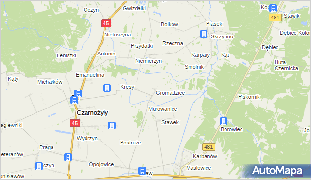 mapa Gromadzice gmina Czarnożyły, Gromadzice gmina Czarnożyły na mapie Targeo