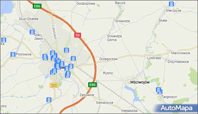 mapa Grzegorzów gmina Mściwojów, Grzegorzów gmina Mściwojów na mapie Targeo