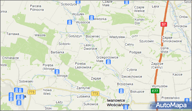 mapa Grzegorzowice Małe, Grzegorzowice Małe na mapie Targeo