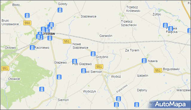 mapa Grzybno gmina Unisław, Grzybno gmina Unisław na mapie Targeo