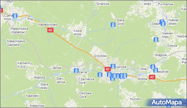 mapa Grzybów gmina Stąporków, Grzybów gmina Stąporków na mapie Targeo