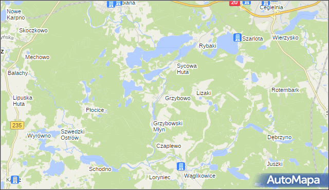 mapa Grzybowo gmina Kościerzyna, Grzybowo gmina Kościerzyna na mapie Targeo