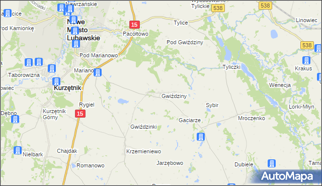 mapa Gwiździny gmina Nowe Miasto Lubawskie, Gwiździny gmina Nowe Miasto Lubawskie na mapie Targeo