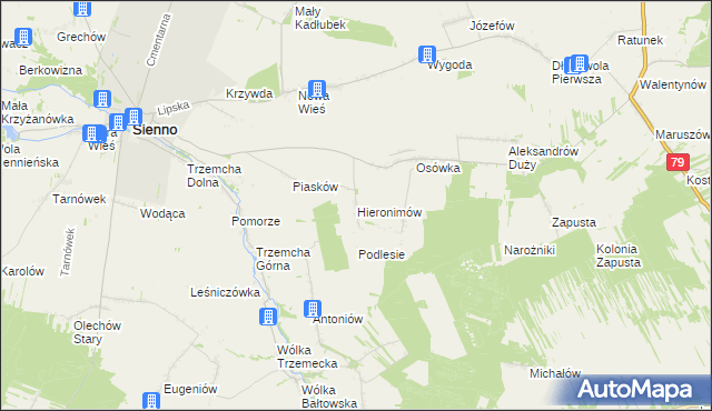 mapa Hieronimów gmina Sienno, Hieronimów gmina Sienno na mapie Targeo