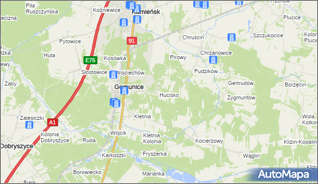 mapa Hucisko gmina Gomunice, Hucisko gmina Gomunice na mapie Targeo