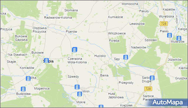 mapa Hucisko gmina Słupia Konecka, Hucisko gmina Słupia Konecka na mapie Targeo